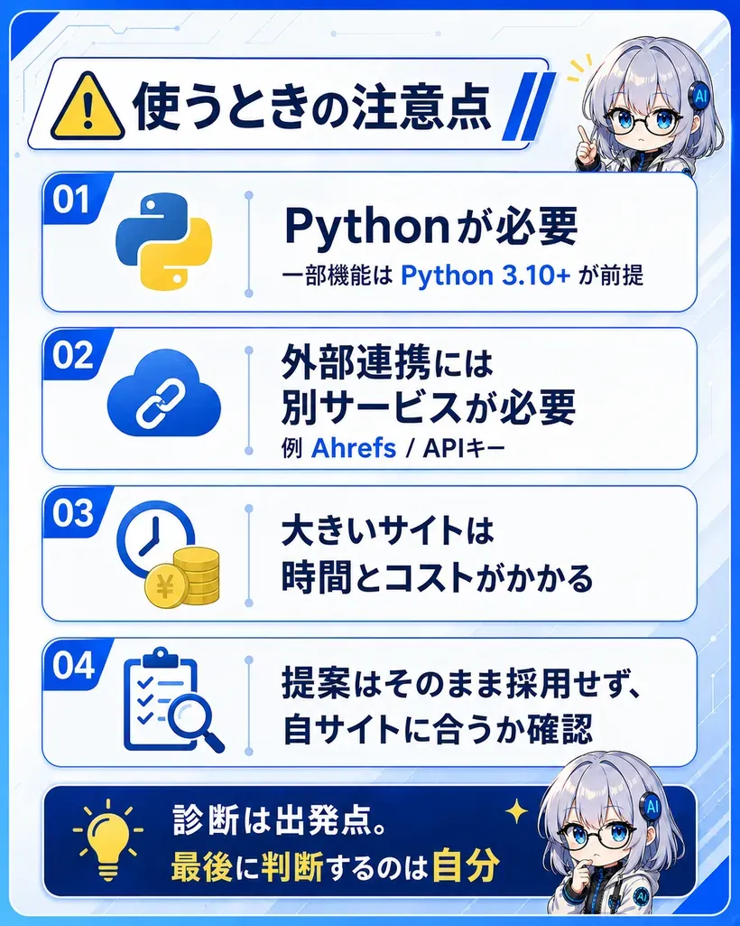 claude-seoを使うときの注意点：Pythonが必要（一部機能は3.10以上）、外部連携には別サービスのアカウントが必要、大きいサイトは時間とコストがかかる、提案はそのまま採用せず自サイトに合うか確認
