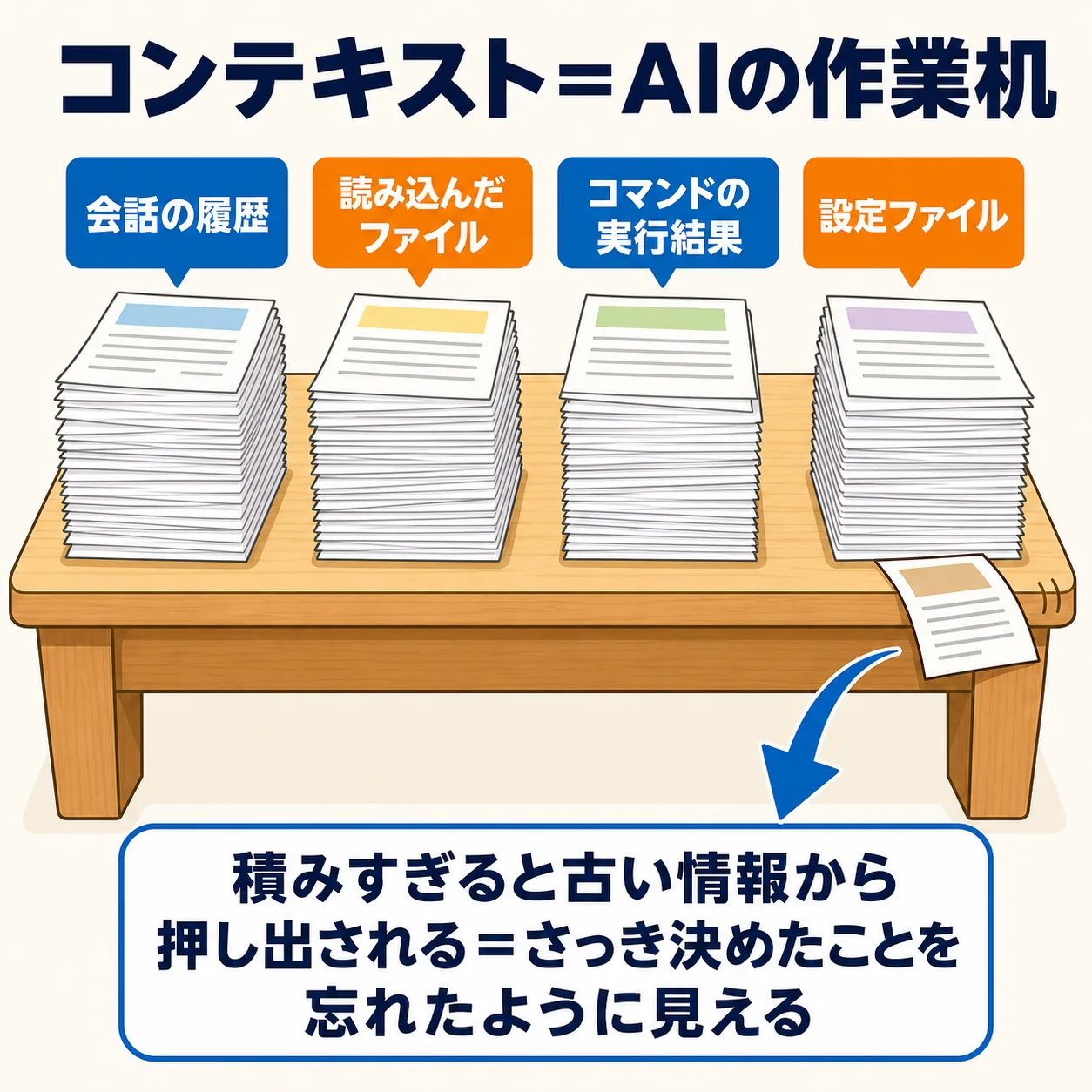 コンテキストウィンドウは作業机の広さ。会話の履歴、読み込んだファイル、コマンドの実行結果が机の上に積み上がっていく。積みすぎると古い情報が押し出され、さっき決めたことを忘れたように見える