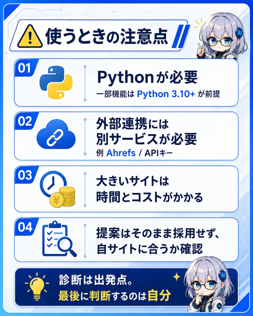 claude-seoを使うときの注意点：Pythonが必要（一部機能は3.10以上）、外部連携には別サービスのアカウントが必要、大きいサイトは時間とコストがかかる、提案はそのまま採用せず自サイトに合うか確認