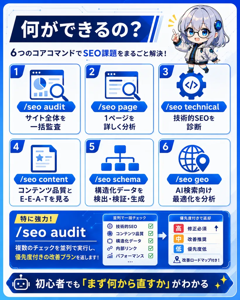 claude-seoでできること：6つのコアコマンド（/seo audit・page・technical・content・schema・geo）でSEO課題をまるごと解決。初心者でも「まず何から直すか」がわかる