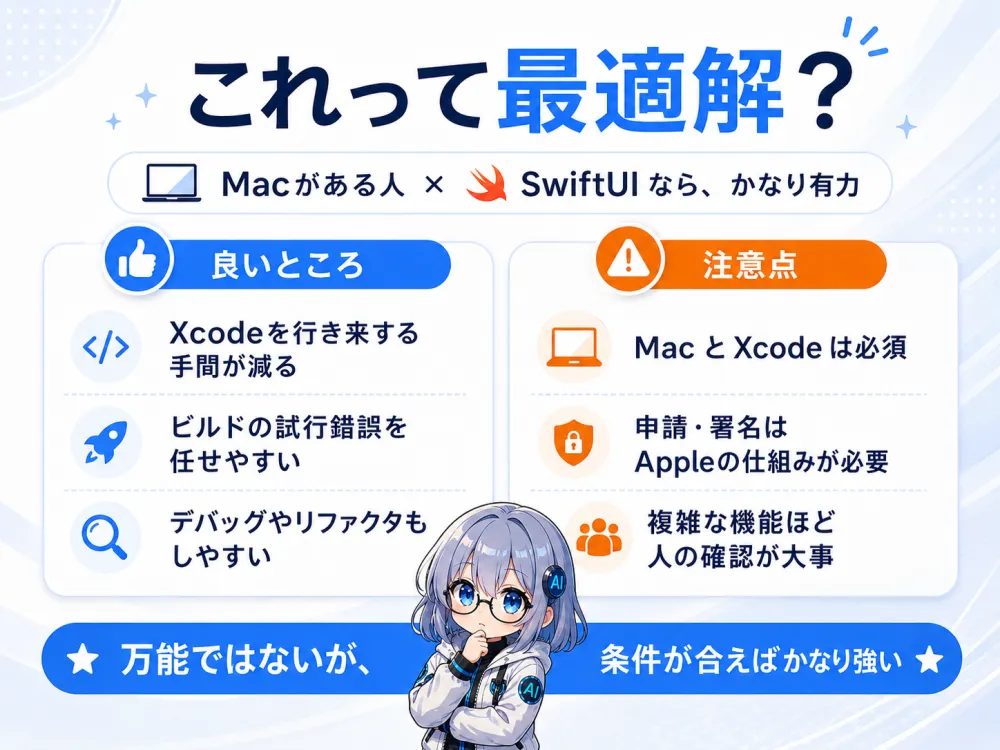これって最適解？Macがある人×SwiftUIなら、かなり有力。良いところはXcodeを行き来する手間が減る・ビルドの試行錯誤を任せやすい・デバッグやリファクタもしやすい。注意点はMacとXcodeは必須・申請や署名はAppleの仕組みが必要・複雑な機能ほど人の確認が大事。万能ではないが条件が合えばかなり強い