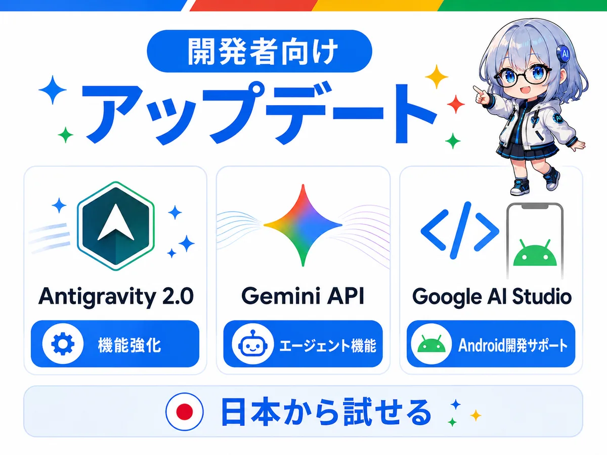 開発者向けアップデート。Antigravity 2.0・Gemini API・Google AI Studioの3つ。日本からも試せる