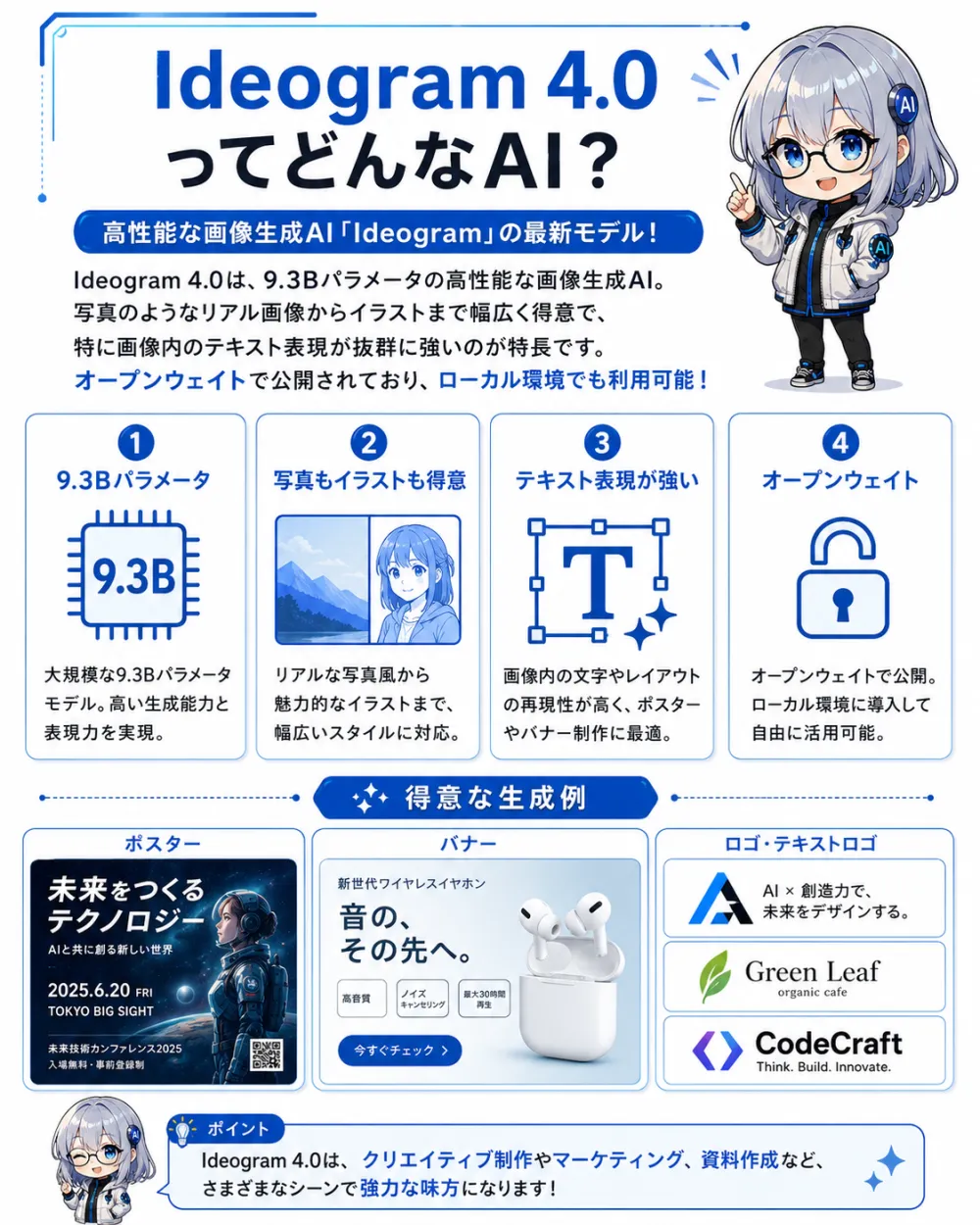 Ideogram 4.0ってどんなAI？Ideogramが開発した高性能な画像生成AI。パラメータ数9.3Bの大規模モデルで、写真もイラストも得意、文字描画に強くポスターやバナーもきれいに表現できる。オープンウェイトでローカル環境でも自由に使える