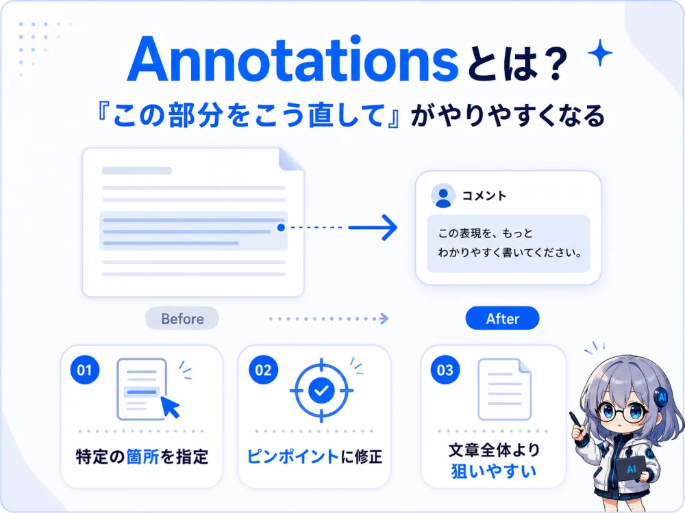 Annotationsとは？「この部分をこう直して」がやりやすくなる機能。ドキュメントの特定の箇所を指定→ピンポイントに修正でき、文章全体に指示するより狙いやすい