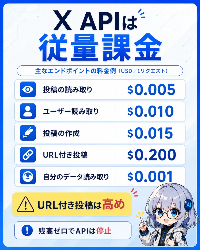 X APIは従量課金。主なエンドポイントの料金例：投稿の読み取り$0.005、ユーザー読み取り$0.010、投稿の作成$0.015、URL付き投稿$0.200、自分のデータ読み取り$0.001。残高ゼロでAPIは停止